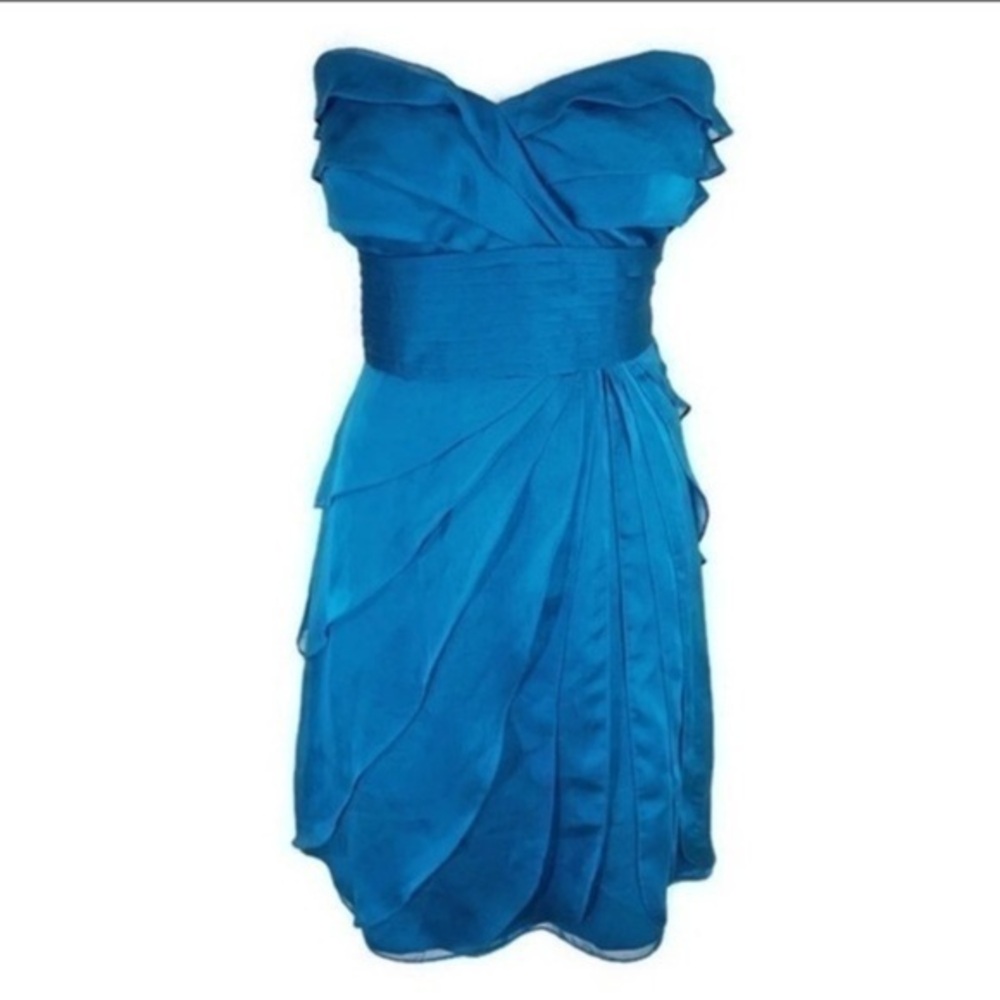 Adrianna Papell Evening Teal pleat flutter tier strapless dress 12